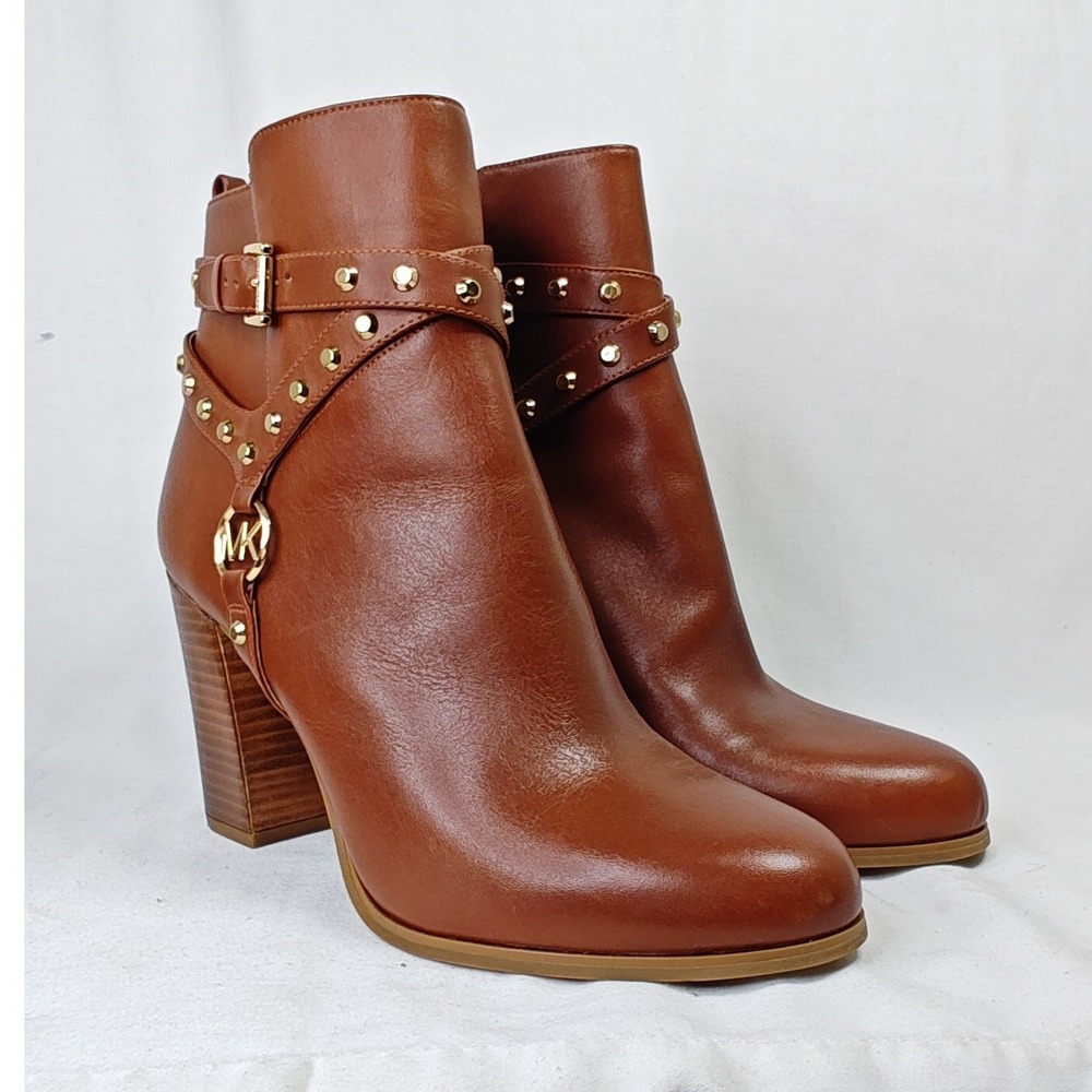 Michael Kors Kincaid Ankle Boots Brown Leather Studded Block Heel Logo 9M